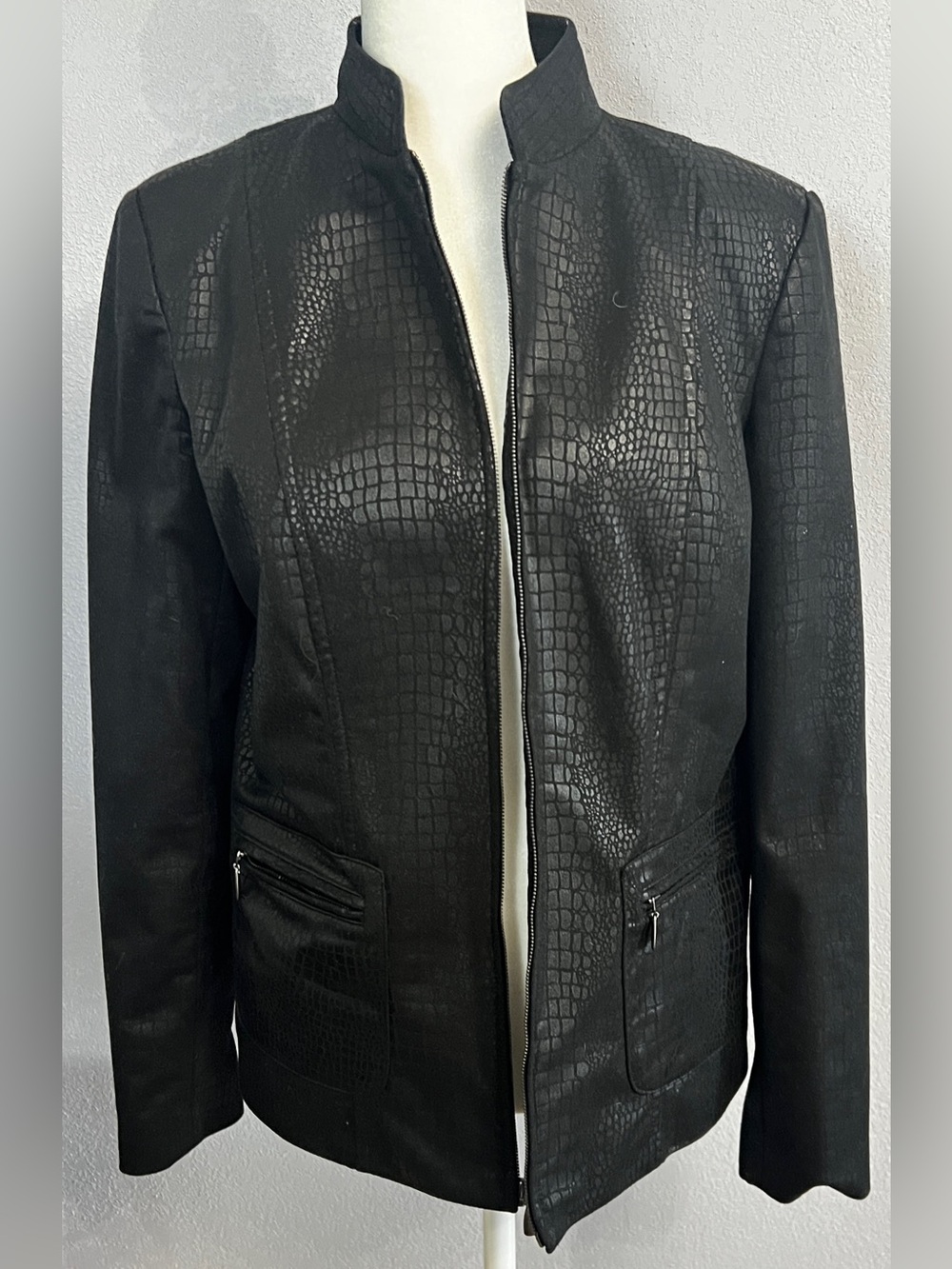 Notations black croc embossed faux leather zip jacket Size S